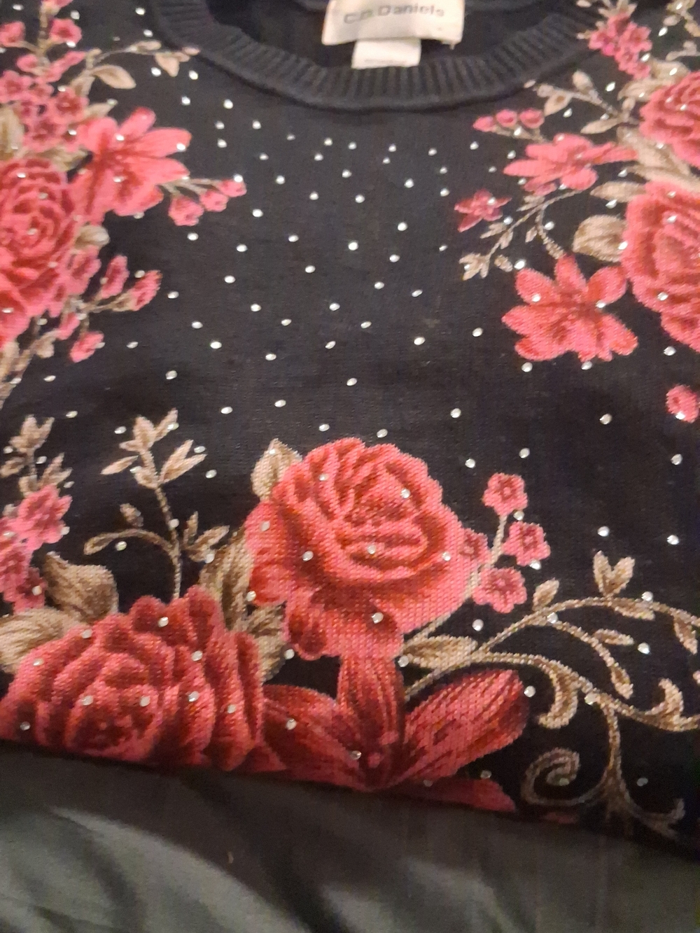 Cathy Daniels Black Sweater with Pink Rose and Gold Embroidered Stems